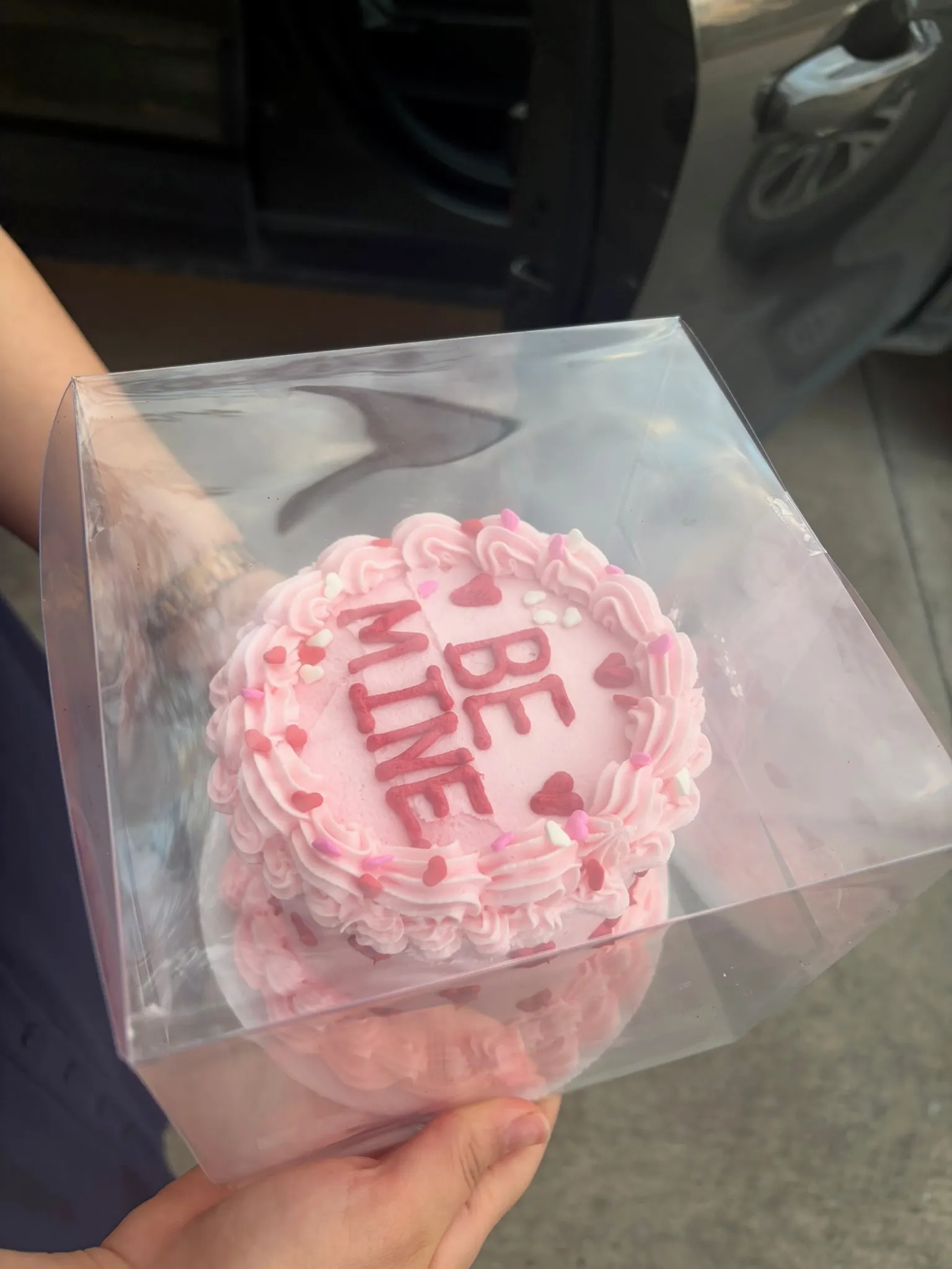 A pale pink heart-piped cake lettered 'be mine' with sprinkle hearts