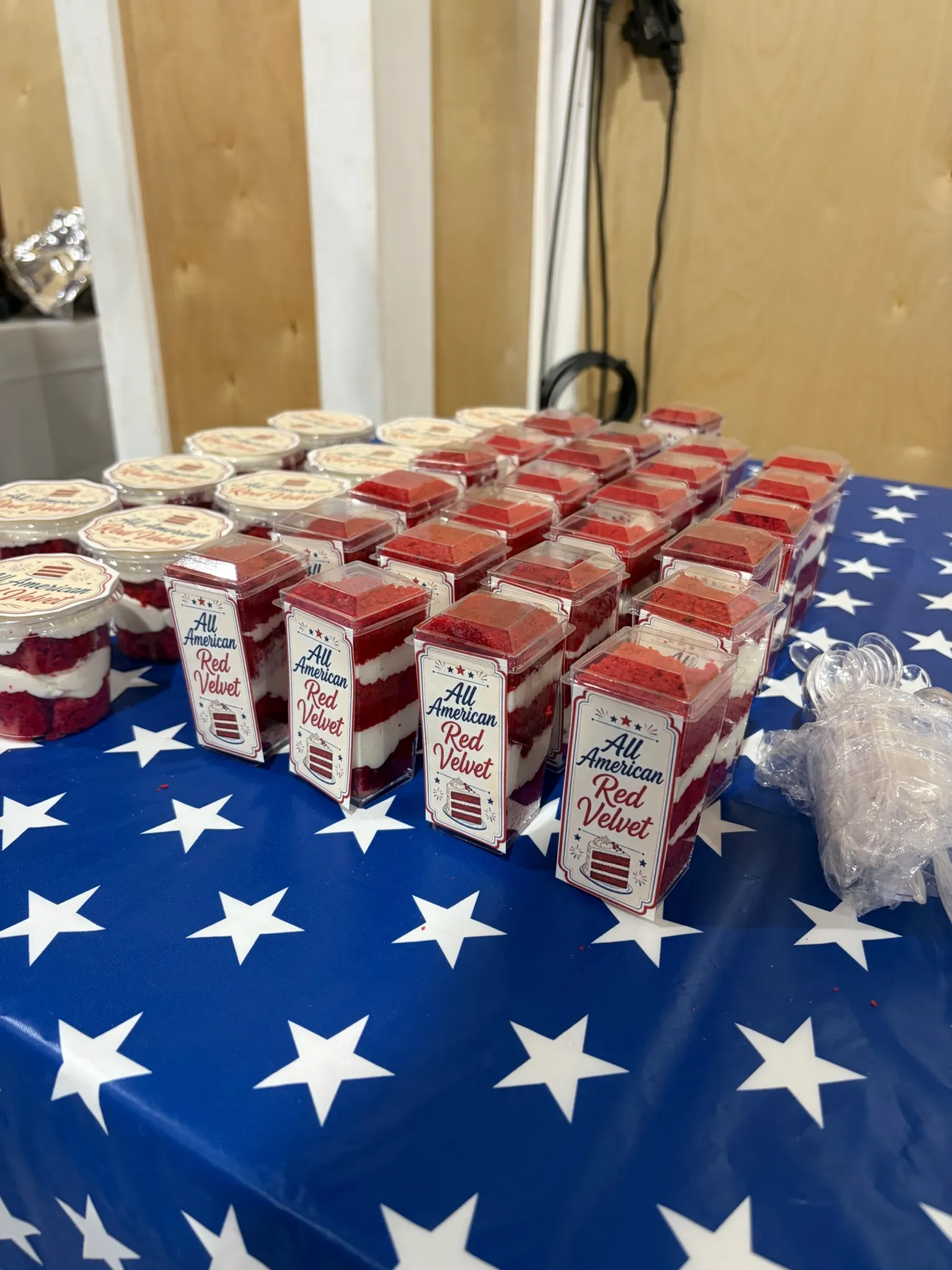 Dessert cups set out on a themed party table