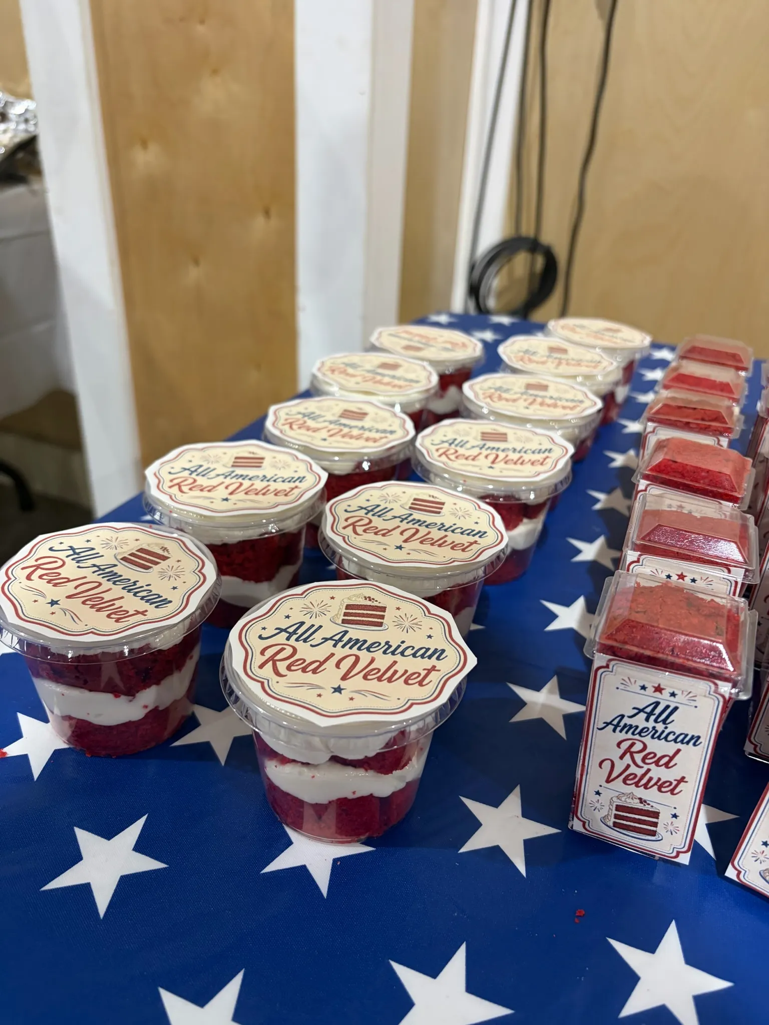 A themed dessert table with labelled cups and matching treats